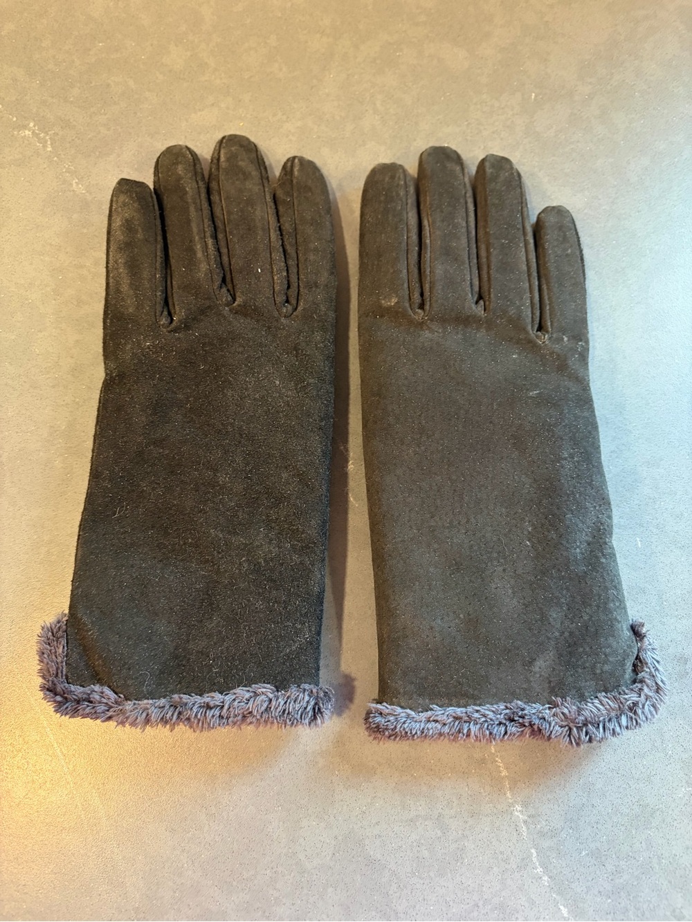 Womens Black Suede Winter Gloves with Faux Fur Trim